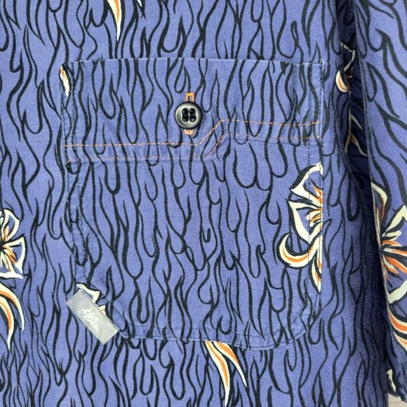 Vintage No Fear Men's Large Hawaiian Shirt 90s Retro Button Up Blue Floral Top - Picture 2 of 10